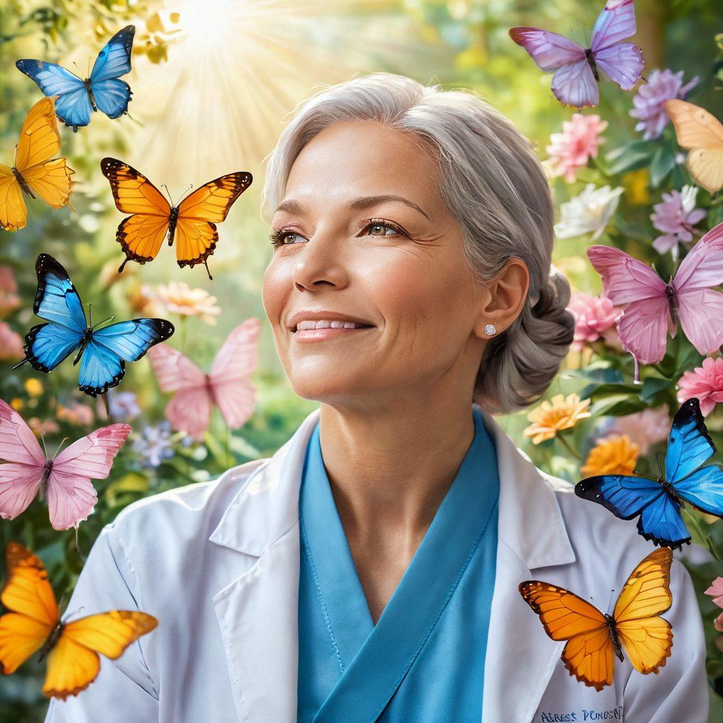 A compassionate healthcare professional gently supporting a cancer survivor, surrounded by symbols of hope like butterflies and blooming flowers. In the background, a diverse group of individuals shares a moment of strength and encouragement, illuminated by warm, inviting sunlight. Incorporate soft, pastel colors to evoke a sense of serenity and empowerment. super-realistic. vibrant colors. soft background.