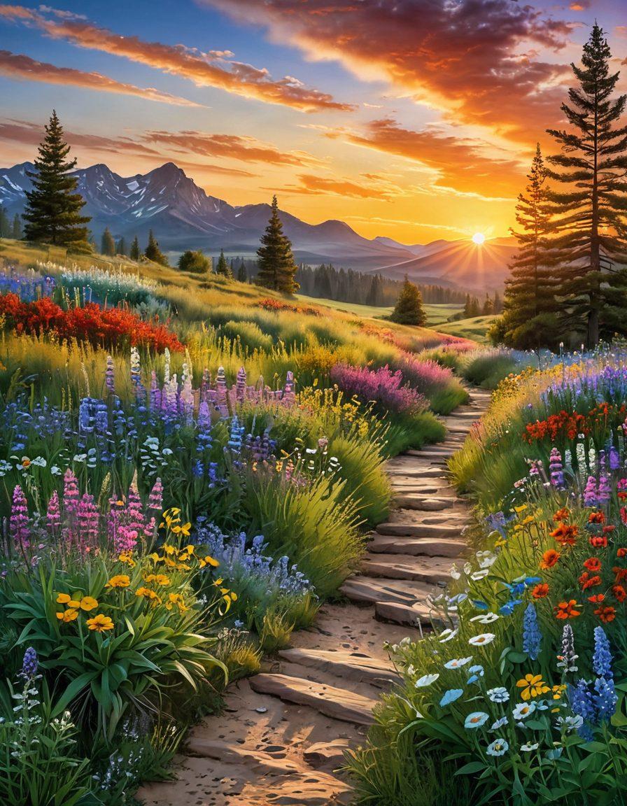 A serene landscape depicting a healing journey, showcasing a vibrant sunrise over a peaceful meadow with wildflowers symbolizing hope. Include a pathway leading through the landscape, subtly integrating elements like a stethoscope and medical tools along the path to represent the journey from diagnosis to thriving. Inspire positivity and resilience with warm, inviting colors. super-realistic. vibrant colors. soft focus.
